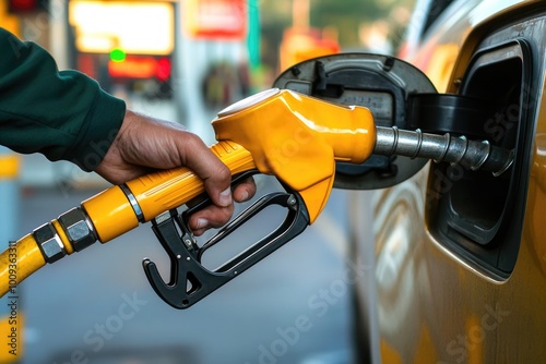 A person filling up their car at a gas pump, with a busy gas station background