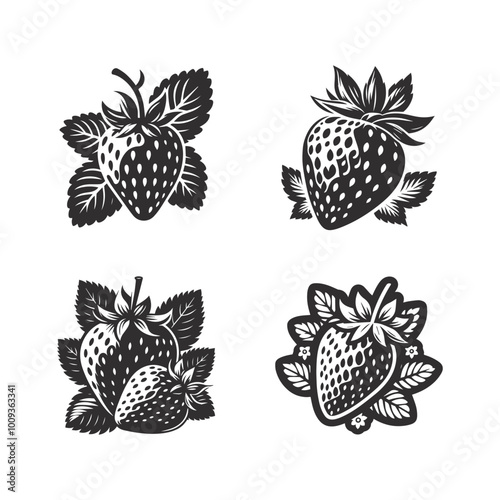 Set of strawberries, silhouettes and strawberries icons isolated on white background.