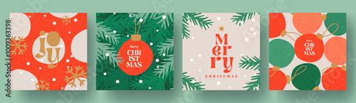 Merry Christmas and Happy New Year greeting card Set. Modern beautiful Xmas design with typography, Christmas tree branches, balls, snowflake pattern. Minimal art banner, poster, cover templates