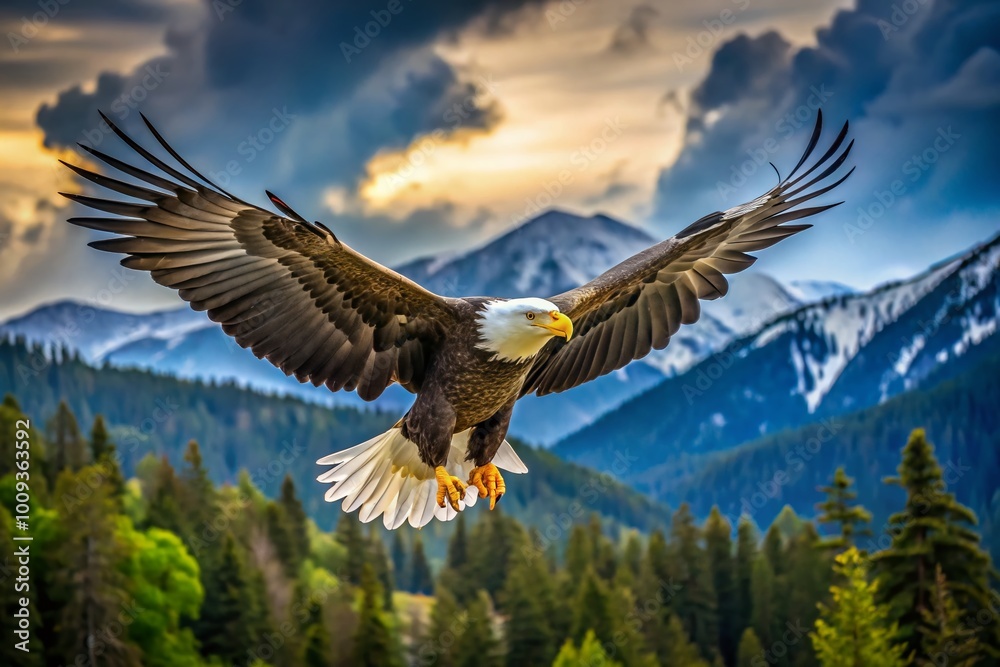 Obraz premium Majestic Bald Eagle Soaring Through the Sky with Powerful Wings and Stunning Feather Details
