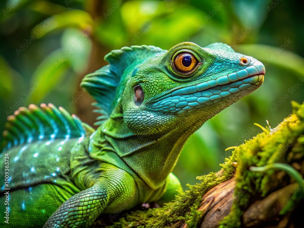 Obraz premium Majestic Basilisk Lizard on a Branch in Tropical Forest Showcasing Its Vibrant Green Skin and Eyes