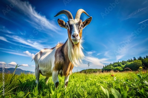 Majestic Billy Goat Grazing on Green Pasture Under Clear Blue Sky in a Serene Natural Setting