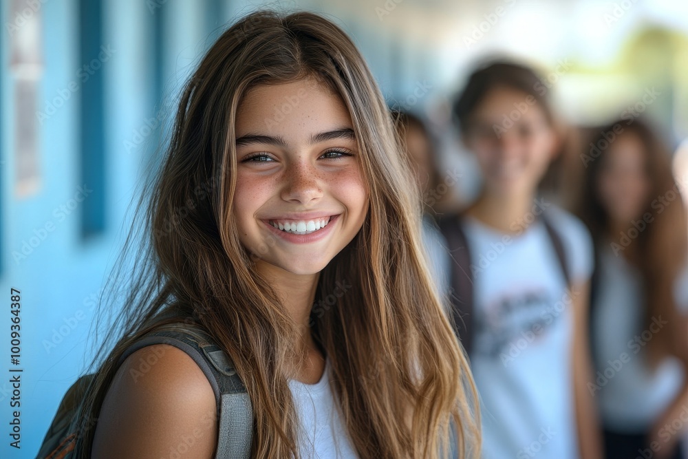 Smiling girl walking with friends in high school, Generative AI Smiling girl walking with friends in high school, Generative AI