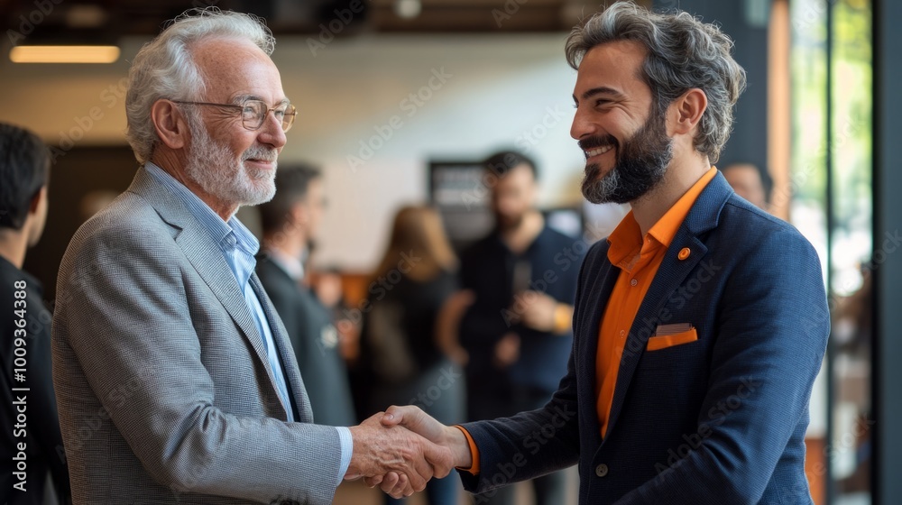 Fototapeta premium Two men shaking hands in a business setting