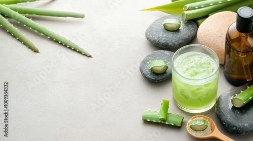 A spa scene with aloe vera-based treatments, including gel, drink, and aromatherapy, all set against a backdrop of smooth stones and bamboo photo