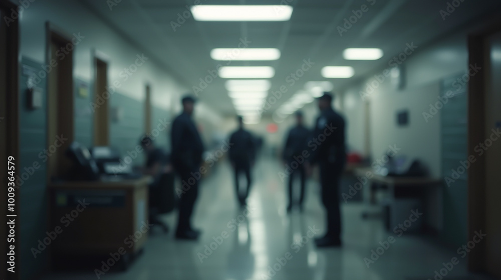 Fototapeta premium A blurred image of a group of police officers in uniform gathered in a corridor