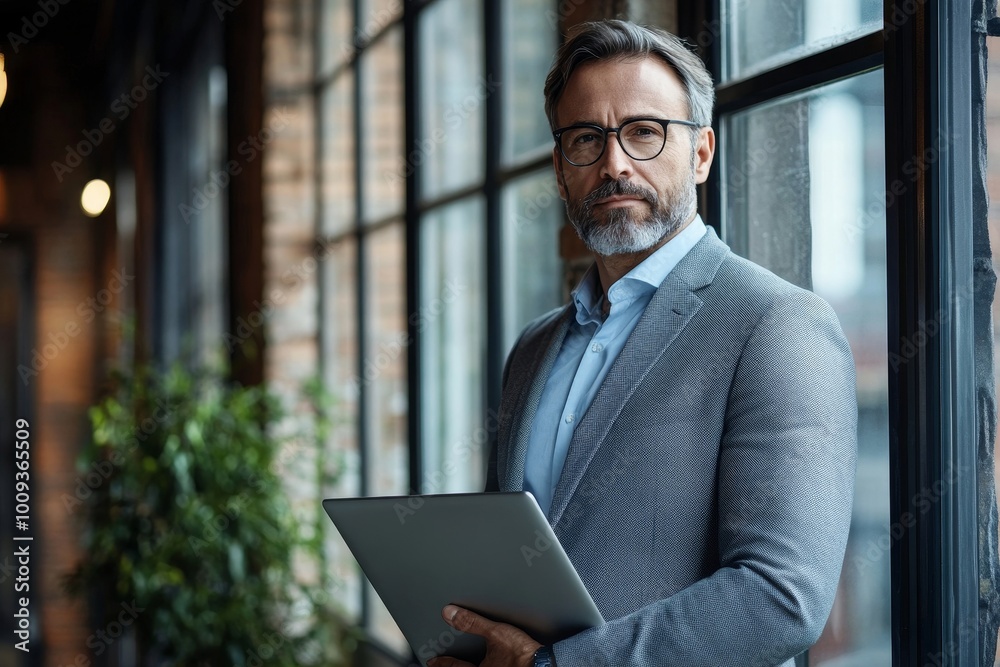 Business investor standing by a window holding a laptop, Generative AI