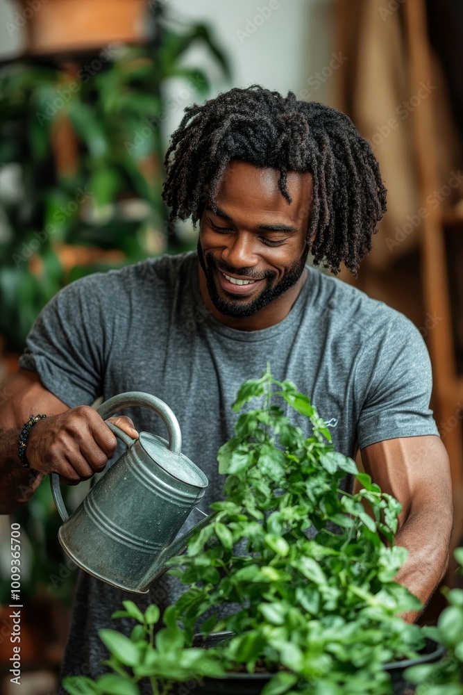 Smiling black man watering a flower pot at home, Generative AI Smiling black man watering a flower pot at home, Generative AI