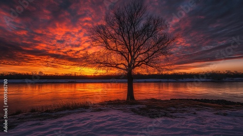 A vibrant sunrise illuminating the river and a solitary tree, with the northern lights casting a magical glow in the sky, no people.