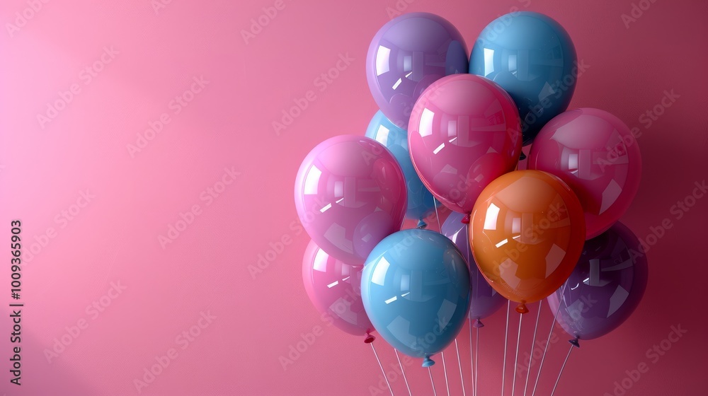 A cluster of colorful balloons against a pink background. A cluster of colorful balloons against a pink background.