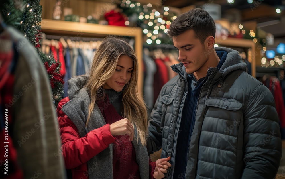 A young couple browsing through a cozy cabin-style store, searching for warm winter clothing and accessories amidst the festive holiday decor and twinkling lights. A young couple browsing through a cozy cabin-style store, searching for warm winter clothing and accessories amidst the festive holiday decor and twinkling lights.