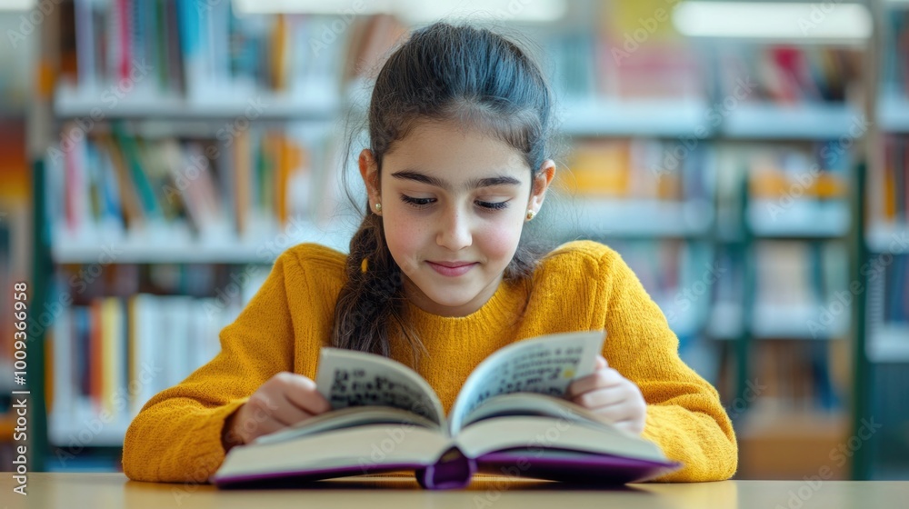 Young girl sitting at a table in a library, reading a book and looking thoughtful Young girl sitting at a table in a library, reading a book and looking thoughtful
