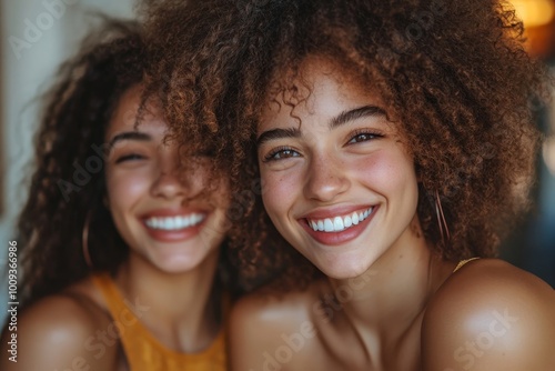 Lesbian couple laughing cheerfully at home, Generative AI