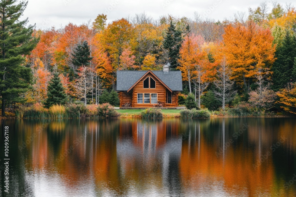 Fototapeta premium Cozy log cabin sitting on the edge of a serene lake, surrounded by lush trees