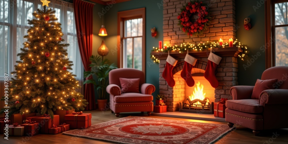 A cozy living room adorned with a beautifully decorated Christmas tree, glowing fireplace, and festive stockings, perfect for holiday-themed projects and designs. A cozy living room adorned with a beautifully decorated Christmas tree, glowing fireplace, and festive stockings, perfect for holiday-themed projects and designs.