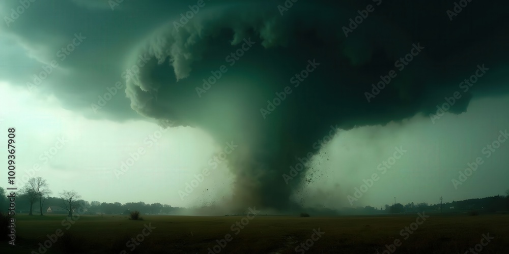 A huge tornado funnel cloud touching down in an open landscape ...