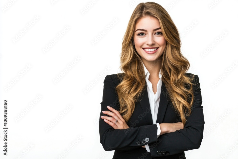 A woman in a professional outfit stands with her arms crossed, conveying confidence and authority A woman in a professional outfit stands with her arms crossed, conveying confidence and authority
