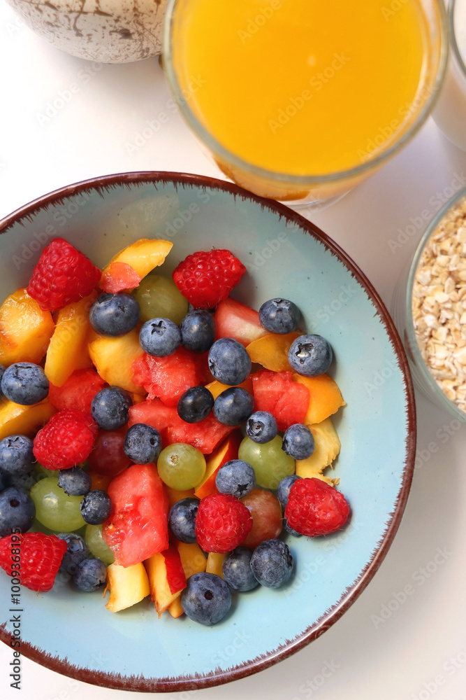 Assortment of various breakfast foods and drinks on the white table. Flat lay. Assortment of various breakfast foods and drinks on the white table. Flat lay.