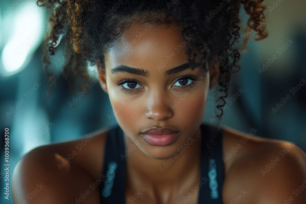 Sweating it out: Young black woman working out with cycling app, Generative AI Sweating it out: Young black woman working out with cycling app, Generative AI