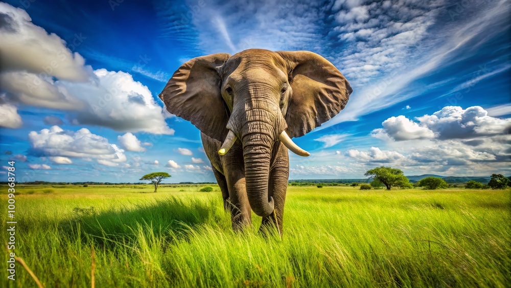 Fototapeta premium Majestic Elephant Gawping with Curiosity in a Lush Green Savannah Under Bright Blue Sky