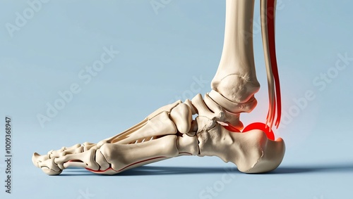 Digital Illustration of Human Foot Anatomy Skeletal Structure Highlighting Bones and Inflammation Against a Light Blue Background photo