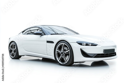 A close-up shot of a white sports car against a plain white background, ideal for use in marketing materials or product displays