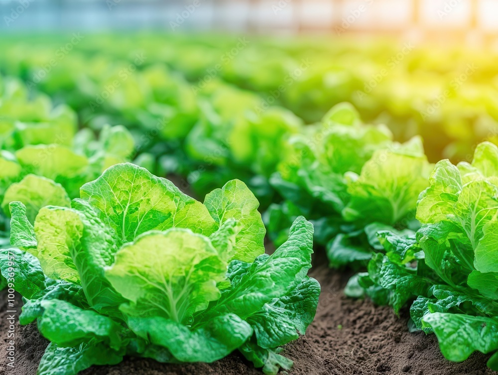 Rows of organic vegetables growing in nutrient-rich soil under precise light and moisture control in an indoor farm Rows of organic vegetables growing in nutrient-rich soil under precise light and moisture control in an indoor farm