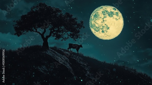 Dramatic night scene featuring a tree's shadow on a mountain slope, with the full moon casting light on the shadow of a man with a cow, no people.