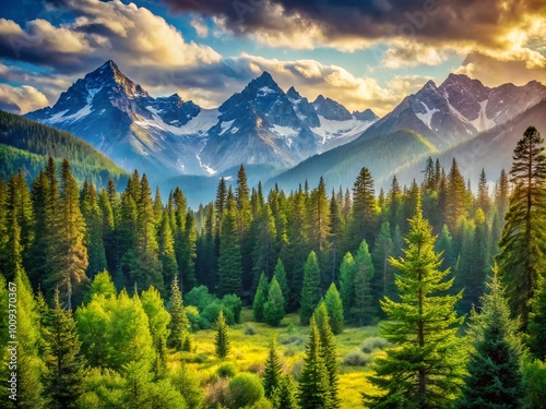 Majestic Forest Landscape with Lush Green Trees and Breathtaking Mountain Peaks in the Background