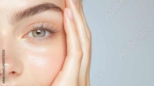 Woman s face with a glowing hydrated complexion, subtle focus on skin texture, natural light, Skin care, Hydration photo