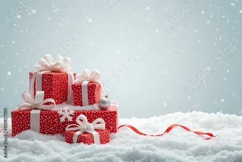 Festive winter scene with red gift boxes in snowy setting for holiday celebration.