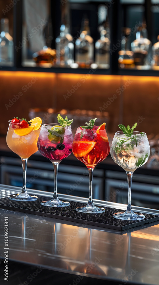 Obraz premium A vibrant display of four colorful cocktails on a bar counter. Each cocktail is served in a large glass, garnished with fruits and herbs. 