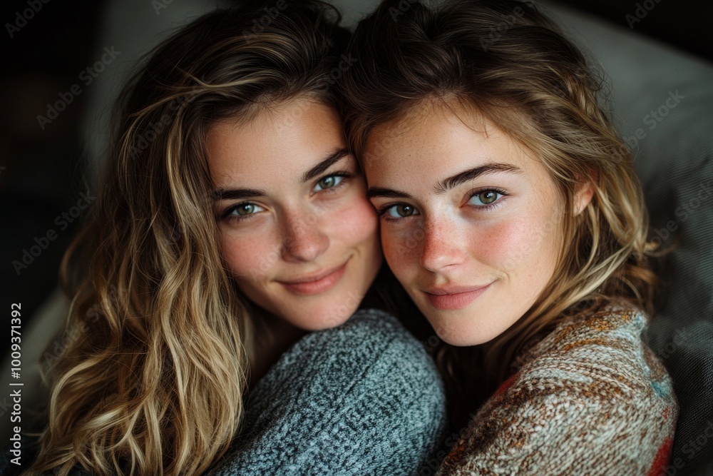 Wedded lesbian couple bonding at home, Generative AI