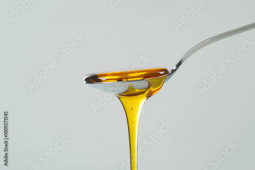 A close-up of a spoon holding golden honey, with the honey dripping down from the spoon. The background is a soft gray, emphasizing the shiny texture of the honey and the sleek design of the spoon. photo