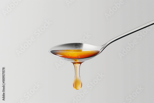 A close-up of a silver spoon holding a drop of amber liquid, with a smooth gradient background. The liquid appears glossy and viscous, suggesting it could be honey or syrup.