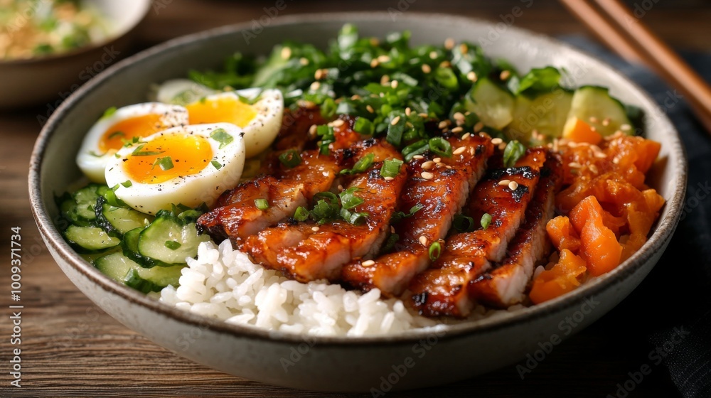 Delicious Asian Chicken Rice Bowl with Fresh Vegetables Delicious Asian Chicken Rice Bowl with Fresh Vegetables