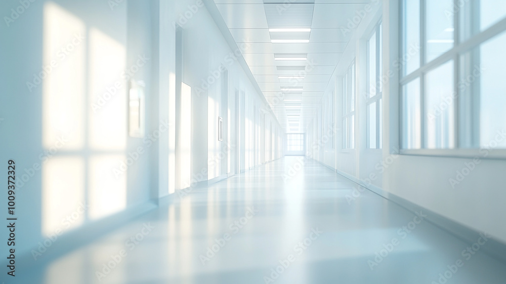 Blurred background of a hospital interior with an empty white corridor. Blurred background of a hospital interior with an empty white corridor.