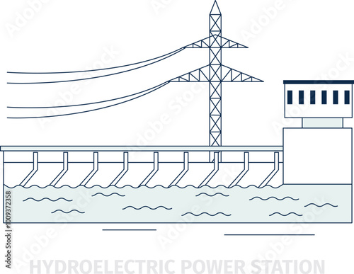 Hydroelectric power station. Water energy generation line icon