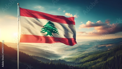 Closeup of Lebanese flag in destroyed land	
