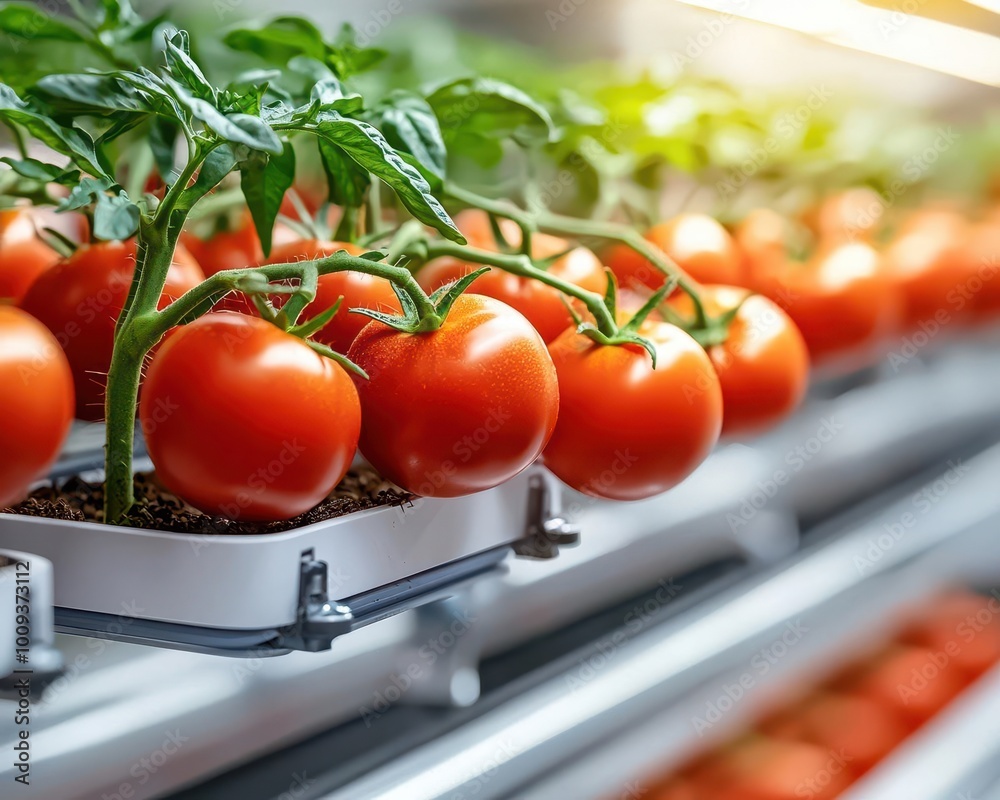 Organic tomatoes growing in soil under smart LED systems in a fully automated indoor farm, tech-enhanced agriculture Organic tomatoes growing in soil under smart LED systems in a fully automated indoor farm, tech-enhanced agriculture
