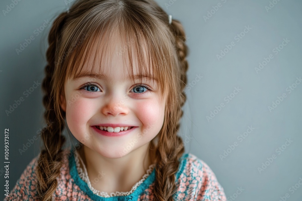 A happy young girl with braided hair smiling directly at the camera A happy young girl with braided hair smiling directly at the camera