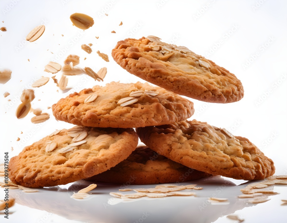A playful display of falling oatmeal cookies against a white background, showcasing their golden-brown texture and inviting appeal in a dynamic, isolated shot A playful display of falling oatmeal cookies against a white background, showcasing their golden-brown texture and inviting appeal in a dynamic, isolated shot