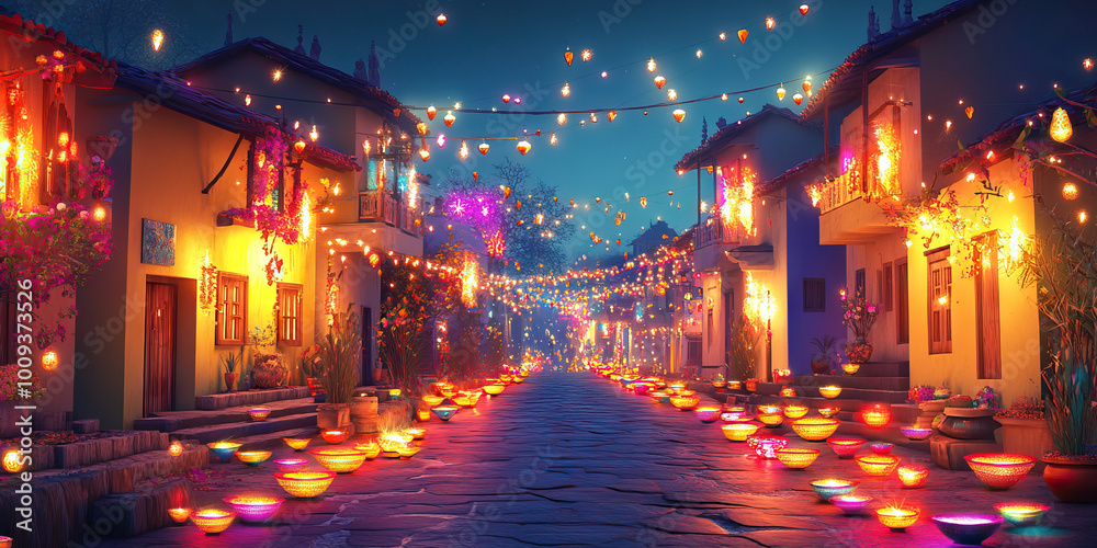 custom made wallpaper toronto digitalA joyful celebration of Diwali, India's Festival of Lights, with colorful lanterns and sparklers adorning homes and streets.