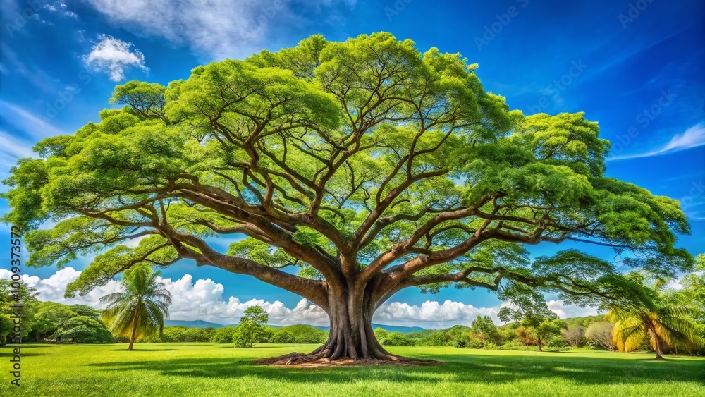 Majestic Iroko Tree with Lush Green Foliage Against a Clear Blue Sky in a Tropical Landscape Majestic Iroko Tree with Lush Green Foliage Against a Clear Blue Sky in a Tropical Landscape