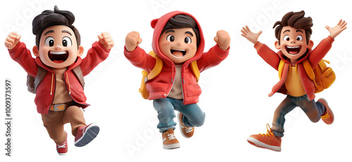 Three Happy Students Jumping With Backpacks 3D Cartoon PNG Transparent Background School Children Education Concept Back To School Advertisement Banner Flyer Design Element photo