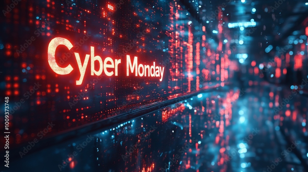 Digital display of Cyber Monday promotions illuminated in a high-tech environment Digital display of Cyber Monday promotions illuminated in a high-tech environment