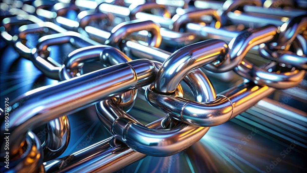 Close-Up of Metallic Chain with Blockchain Concept Close-Up of Metallic Chain with Blockchain Concept