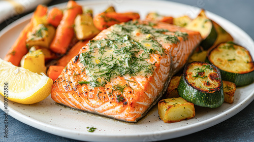 A plate of food with a piece of salmon, carrots, and zucchini