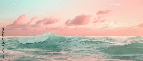 Design a calming ocean view wallpaper with soft waves and a pastel sky, creating a tranquil beach atmosphere. 