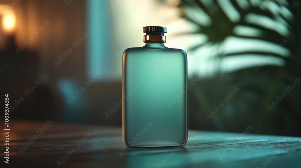 A blue glass bottle sitting on a wooden surface, ready for use A blue glass bottle sitting on a wooden surface, ready for use